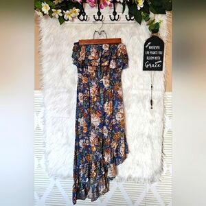 Seductions Floral Strapless Asymmetrical Ruffle Summer Dress